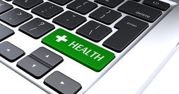 An element of a keyboard with a green button 'health' instead of Shift. Close up, Concept of finding information about health on the Internet. 3D rendering